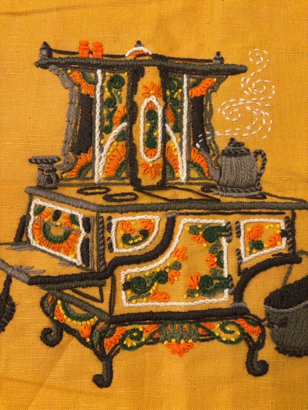 Vintage 1970s Crewel Embroidery Kitchen Stove Textile Art Mustard Folk Art